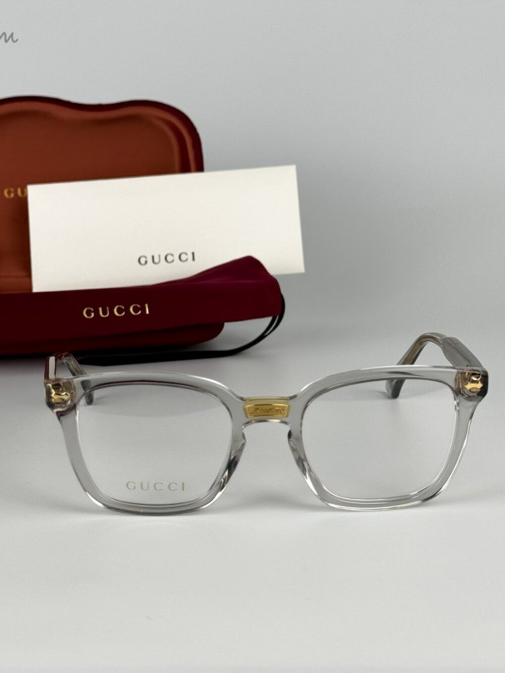 Gucci Men Eyeglasses Grey Clear Gold Demo Square GG0184O 005 NEW AUTHENTIC